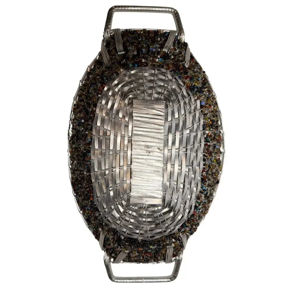 IHI Boat Shape Seed Bead Basket Silver Metal And Wire Made In India 13.5